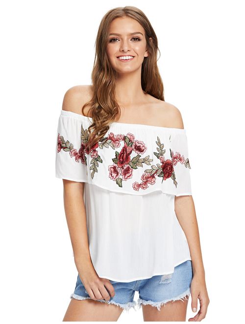 Floerns Women's Ruffle Off Shoulder Rose Embroidery Loose Blouse Top