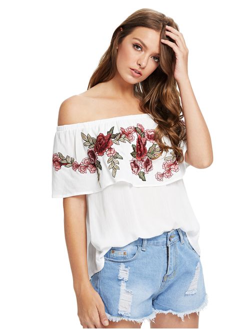 Floerns Women's Ruffle Off Shoulder Rose Embroidery Loose Blouse Top