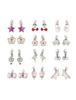 PinkSheep Clip On Earrings for Little Girls, Flamingo Earrings Butterfly Earrings for Kids, 12 Pairs, Best Gift