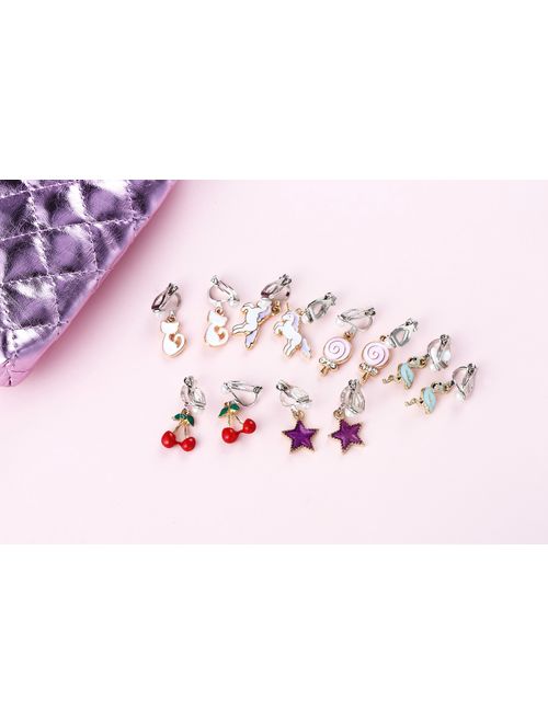 PinkSheep Clip On Earrings for Little Girls, Flamingo Earrings Butterfly Earrings for Kids, 12 Pairs, Best Gift