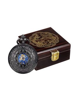 ManChDa Mechanical Roman Numerals Dial Skeleton Pocket Watches with Gift Box and Chains for Mens Women