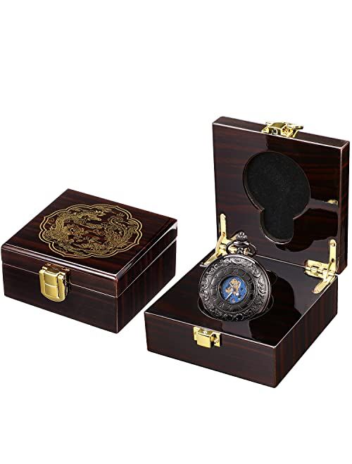 ManChDa Mechanical Roman Numerals Dial Skeleton Pocket Watches with Gift Box and Chains for Mens Women