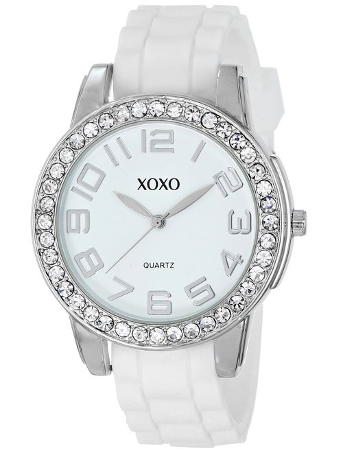 XOXO Women's Analog Watch with Silver-Tone Case, Crystal-Inset Bezel, 7 Interchangeable Bands Included - Official XOXO Woman's Silver-Tone Watch, Silicone Buckle Straps -