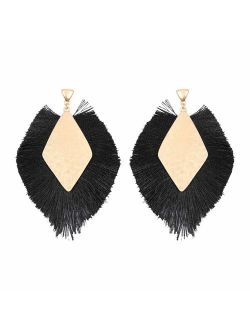 Bohemian Silky Thread Tassel Statement Drop Earrings - Strand Fringe Lightweight Feather Shape Dangles, Diamond Fan, Triangle Duster