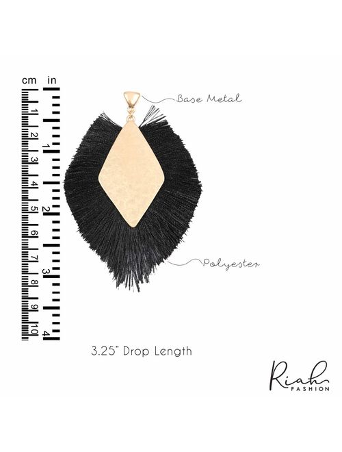 RIAH FASHION Bohemian Silky Thread Tassel Statement Drop Earrings - Strand Fringe Lightweight Feather Shape Dangles, Diamond Fan, Triangle Duster