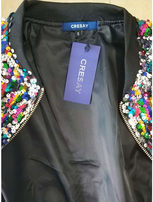 Cresay Women's Sequin Fitted Long Sleeve Zipper Blazer Bomber Jacket
