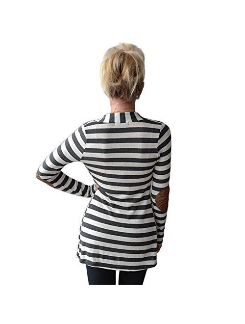Women's Shawl Collar Striped Cardigan Long Sleeve Elbow Patch Open Front Sweater top