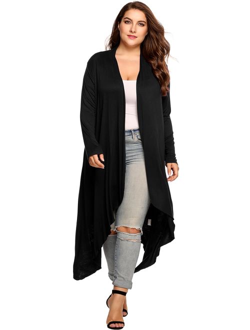 Zeagoo Women's Plus Size Long Sleeve Waterfall Asymmetric Drape Open Front Long Maxi Cardigan Sweater L-5XL