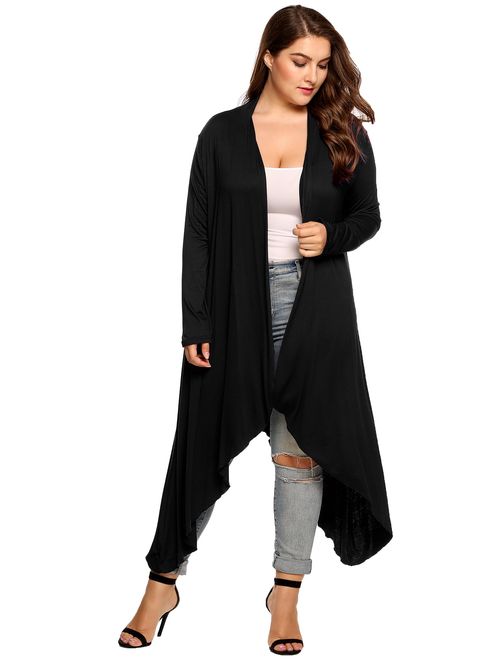 Zeagoo Women's Plus Size Long Sleeve Waterfall Asymmetric Drape Open Front Long Maxi Cardigan Sweater L-5XL