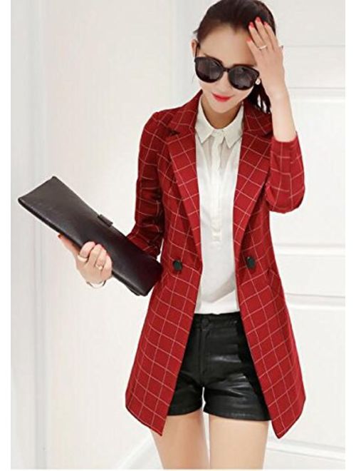 Womens Vintage Check Plaid Long Sleeve Casual Long Jacket Blazer