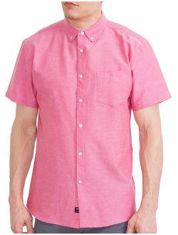 Visive Mens Short Sleeve Casual Solid Oxford Collared Button Down Up Shirts Red L