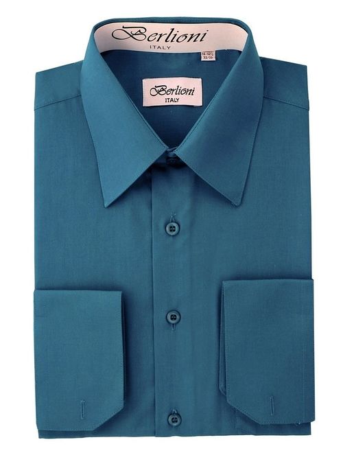 Berlioni Italy Men's Convertible Cuff Solid Dress Shirt Teal