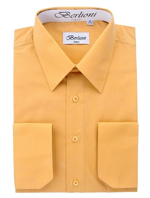 Berlioni Italy Men's Convertible Cuff Solid Long Sleeve Dress Shirt Mustard