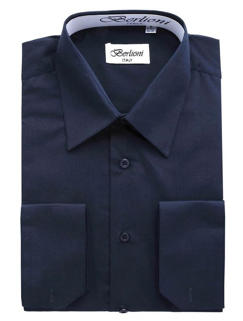 Berlioni Italy Men's Convertible Cuff Solid Dress Shirt Navy