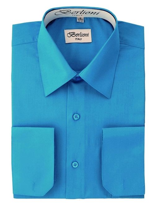 Berlioni Italy Men's Convertible Cuff Solid Long Sleeve Dress Shirt Turquoise