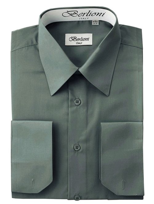 Berlioni Italy Men's Convertible Cuff Solid Dress Shirt Charcoal