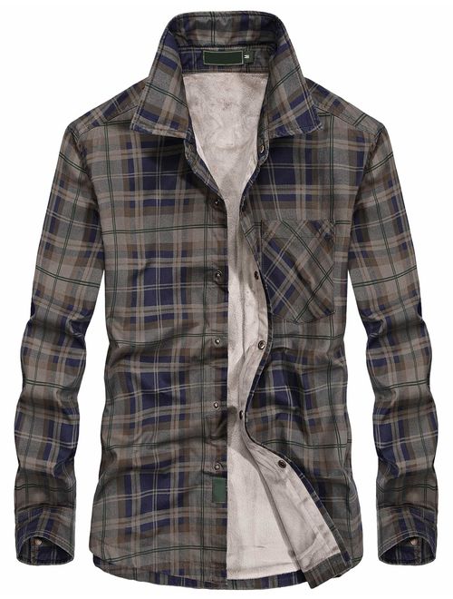 Buy Chartou Men's Thermal Button-Down Fleece Lined Flannel Plaid Twill ...