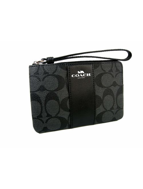 Coach Corner Zip Wristlet in Signature Coated Canvas and Leather Stripe