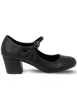 Kimmy-21 Black Round Toe Pierced Mid Heel Mary Jane Style Dress Pumps