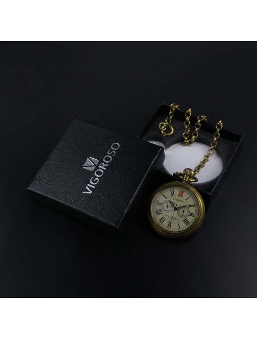 VIGOROSO Men's Vintage Full Copper Hand-Wind Mechanical Second&24hours Sub-dials Pocket Watch in Box