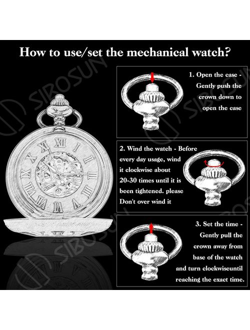 SIBOSUN Skeleton Pocket Watch Special 12-Little-Window Case Design Men Black Mechanical with Chain Box