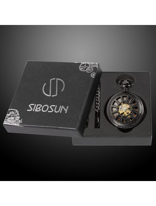 SIBOSUN Skeleton Pocket Watch Special 12-Little-Window Case Design Men Black Mechanical with Chain Box