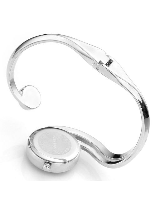 Top Plaza Women Casual Elegant Silver Tone Small Dial Bangle Cuff Bracelet Dress Analog Quartz Watch 6 Inches