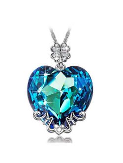 LADY COLOUR Christmas Necklace Gifts for Women Best Mom Gifts Blue Heart MOM Pendant Necklace Made with Swarovski Crystals, Lucky Clover Design Hypoallergenic Jewelry Gif