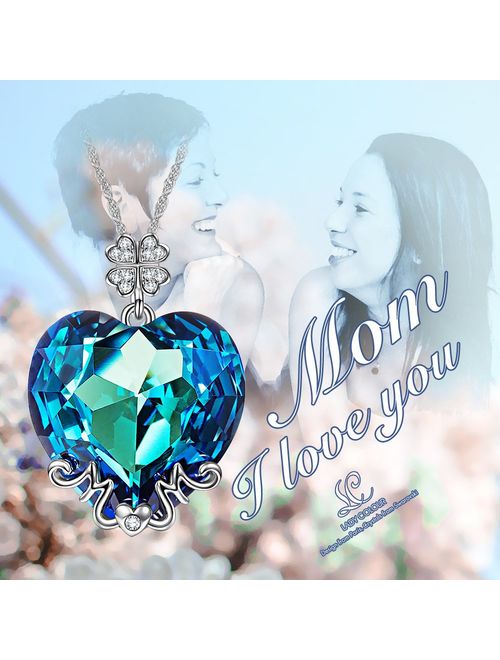 LADY COLOUR Christmas Necklace Gifts for Women Best Mom Gifts Blue Heart MOM Pendant Necklace Made with Swarovski Crystals, Lucky Clover Design Hypoallergenic Jewelry Gif