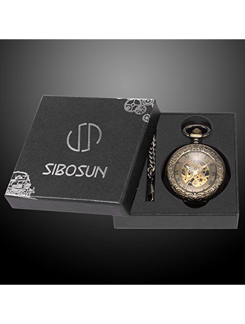 SIBOSUN Steampunk Transparent Open Face Pocket Watch for Men Women Skeleton Dial Antique with Chain + Box
