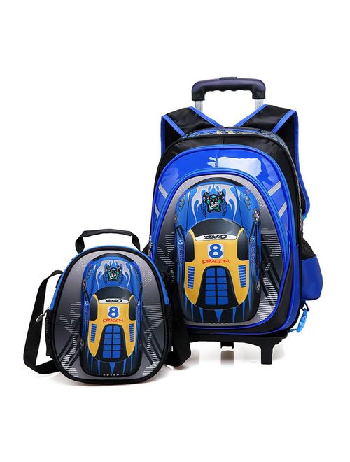Lyfreen 2Pcs Cute Car School Bag Waterproof Rolling Backpack with Lunch Bag 2Wheels/6Wheels School Backpack for Boys Girls