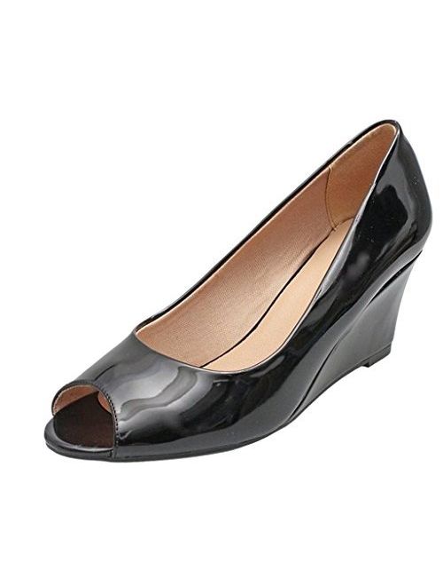 Forever Link Women's Patent Round Toe Dress Wedge Pumps