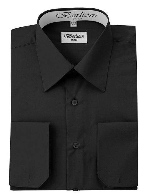 Berlioni Italy Men's Solid Black Long Sleeve Dress Shirt Convertible Cuff 