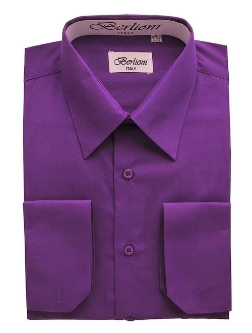 Berlioni Italy Men's Convertible Cuff Solid Dress Shirt Purple