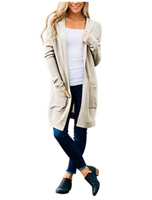 MEROKEETY Women's Long Sleeve Open Front Hoodie Knit Sweater Cardigan with Pockets