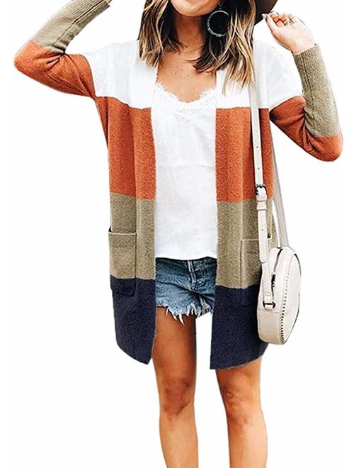 Womens Long Sleeve Casual Striped Cardigan Color Block Knit Open Front Sweater Coat