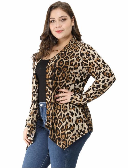 uxcell Women's Plus Size Leopard Print Asymmetric Open Front Fashion Cardigan