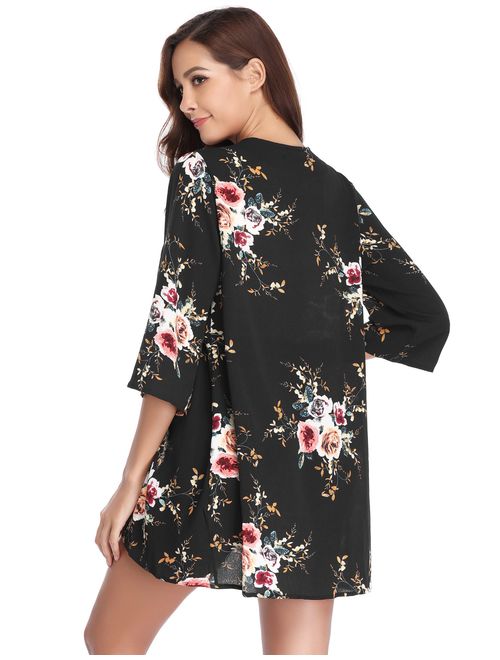 Abollria Women 3/4 Sleeve Floral Chiffon Casual Loose Kimono Cardigan Capes