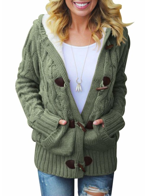 Sidefeel Women Button Up Cardigan Knit Hooded Cable Sweater Coat Outwear