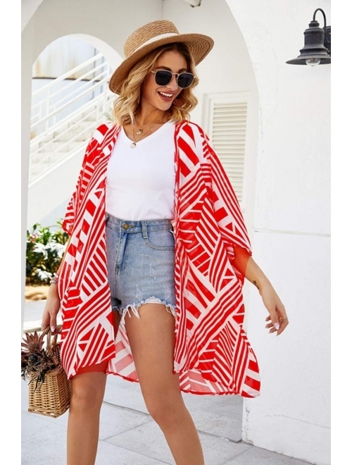 Womens Kimono Cardigans Floral Print Chiffon Beach Cover ups Loose Casual Tops