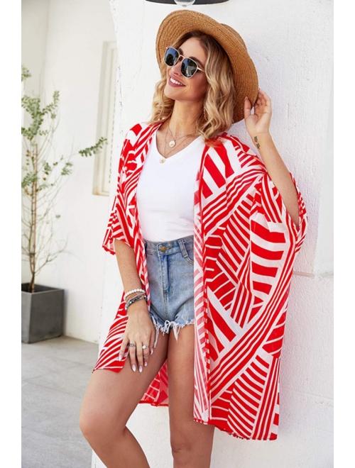 Womens Kimono Cardigans Floral Print Chiffon Beach Cover ups Loose Casual Tops