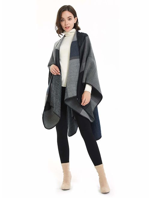 ilishop Women's Winter Reversible Oversized Blanket Poncho Cape Shawl Cardigans