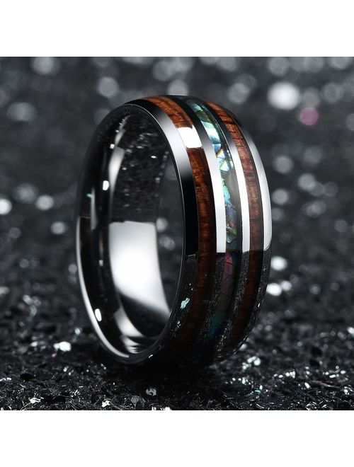 King Will Nature 8mm Tungsten Carbide Wedding Ring Inlaid with Real Wood & Colorful Fragments/Multicolor Opal Engagement Band