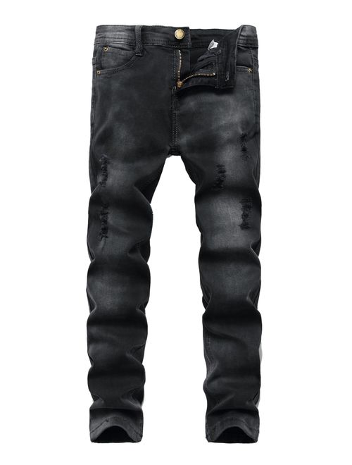 Fredd Marshall Boy's Black Skinny Ripped Jeans Destroyed Distressed Stretch Slim Fit Denim Jeans Pant