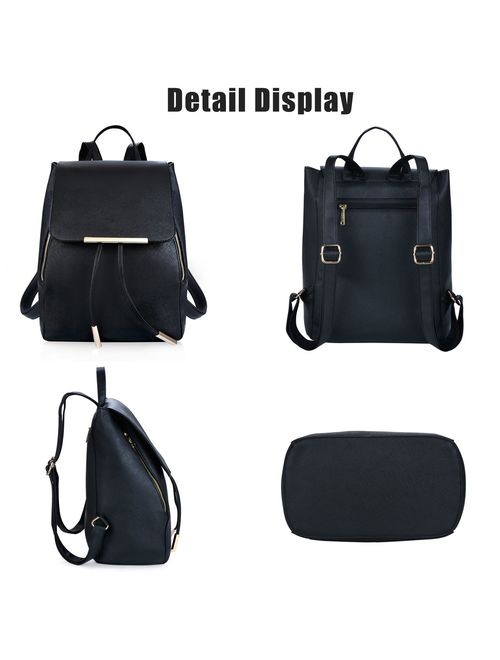 COOFIT Black Faux Leather Backpack for Women Schoolbag Casual Daypack