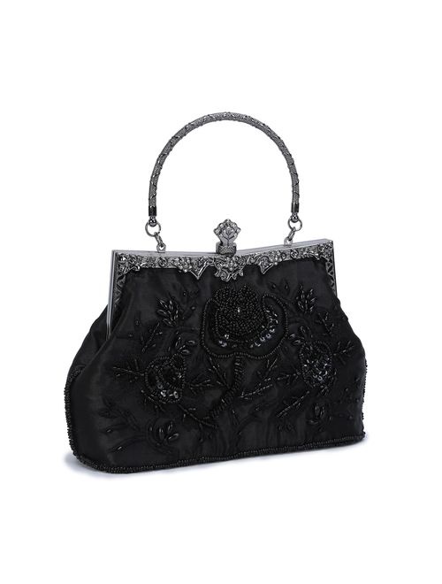 UBORSE Women's Embroidered Beaded Sequin Evening Clutch Large Wedding Party Purse Vintage Bags