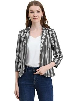 Women's Striped 3/4 Sleeves Open Front Notched Lapel Blazer