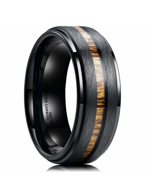 King Will Nature 8mm Black Tungsten Carbide Wedding Band Real Wood Inlay Matte Brushed Finish