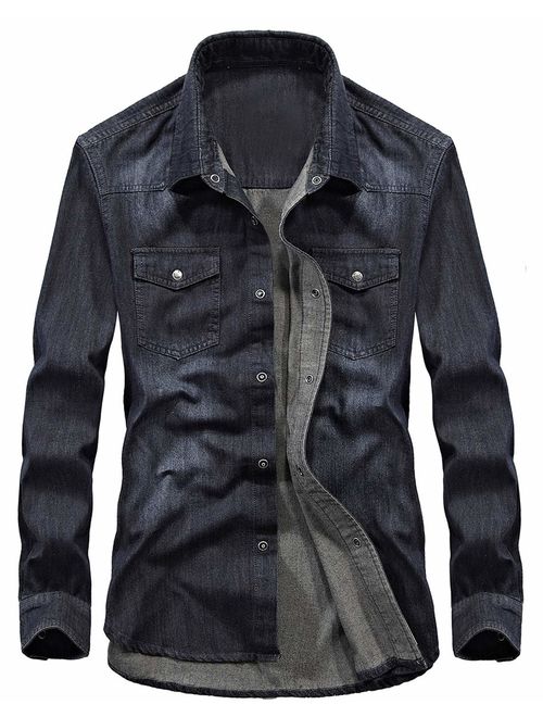 chouyatou Men's Essential Button Down Long Sleeve Washed Denim Shirt