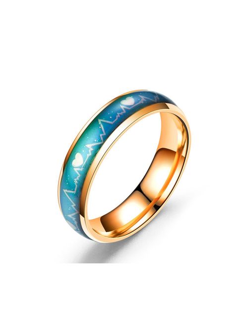 Ello Elli 6MM Comfort Fit Stainless-Steel Color Changing Mood Ring, Heartbeat Pattern w/Hearts Design